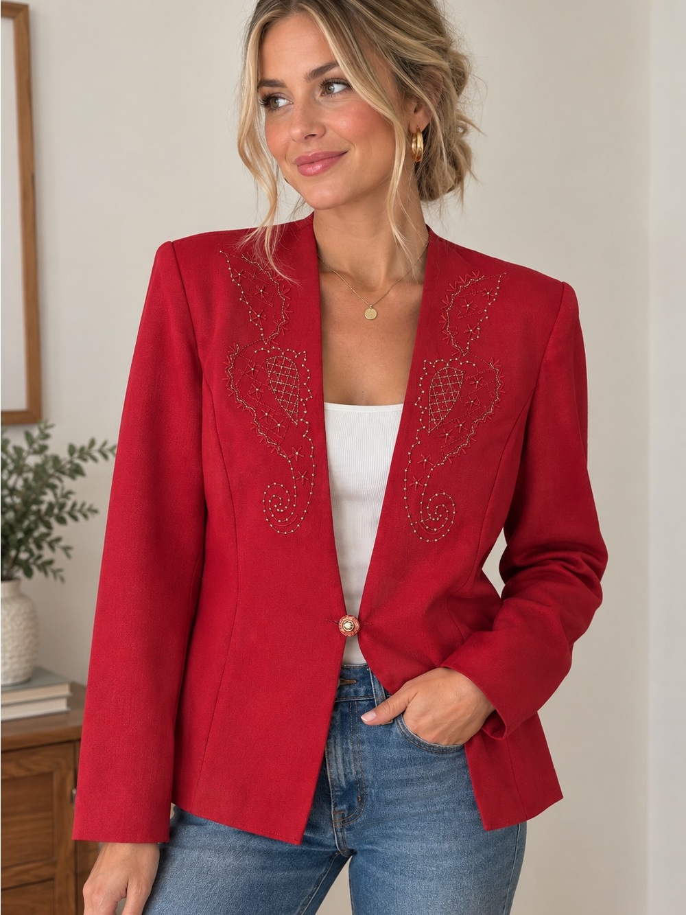 Sara Morgan Vintage Red Embroidered Collarless Button Front Short Jacket Women L